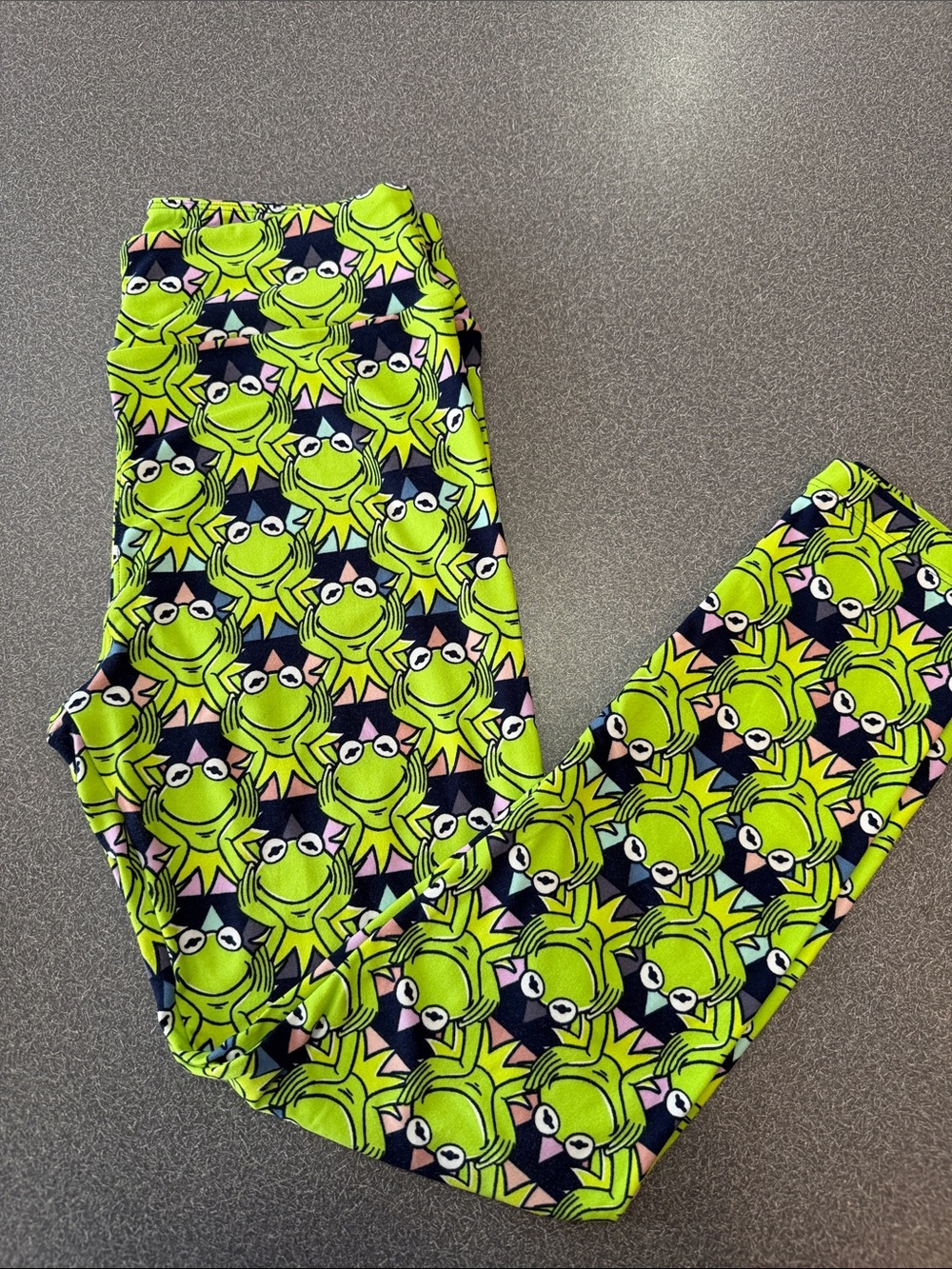 LuLaRoe Neon Kermit the Frog Print Leggings with Navy & Pink Accents